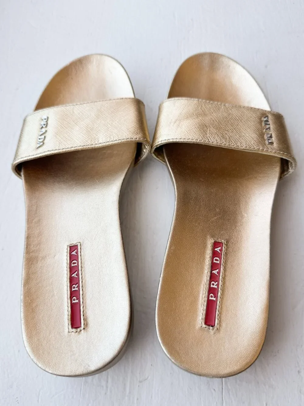 Prada Gold Leather Logo Slide Sandals - Size 36.5